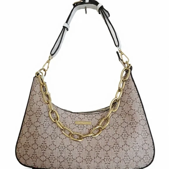 Nanette Lepore Monogram Shoulder Bag – Tan/Beige with Gold Chain Detail - Picture 3 of 16